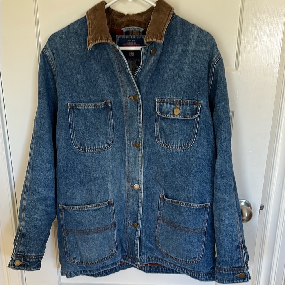 Vintage Denim Jacket with Corduroy Collar, Flannel Lined EUC